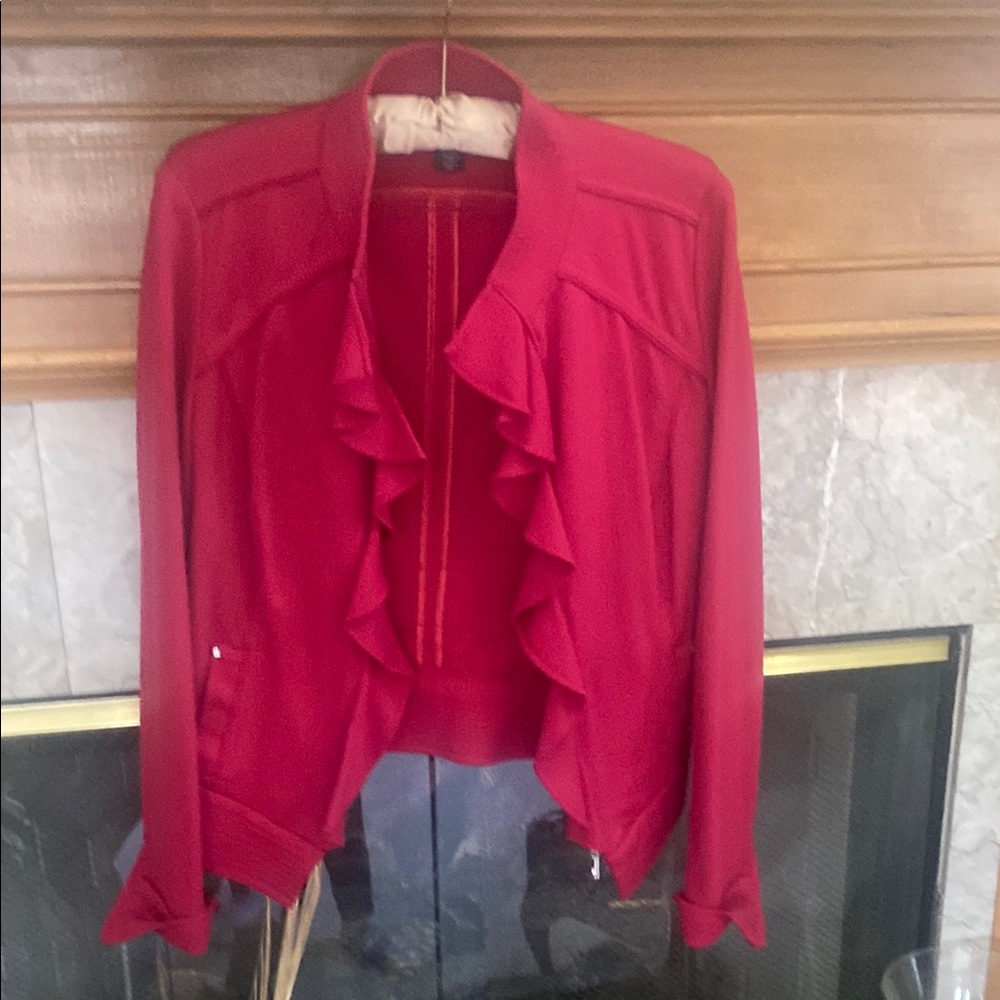 White House Black Market Red Bomber Jacket with Ruffle Detail